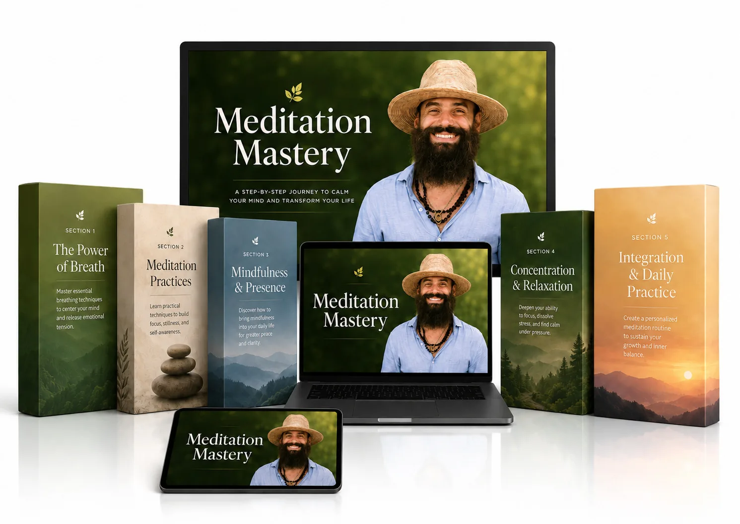 Meditation Mastery course by Emanuele Righes shown on monitor, laptop and tablet